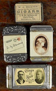 Four advertising match vesta safes, 19th c., to include American Whip Co., Westfield Mass.