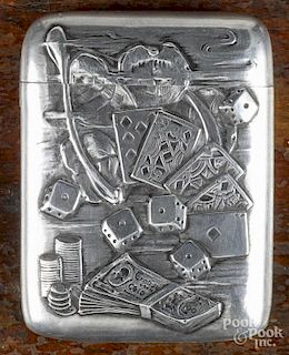 Sterling silver embossed gambling match vesta safe, ca. 1900, having cards, dice, money