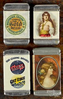Four advertising match vesta safes, ca. 1900, to include Washburn, Crosby Co. Gold medal Flour
