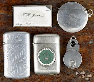 Five miscellaneous match vesta safes, ca. 1900, to include an English silver lock, hallmarked AW