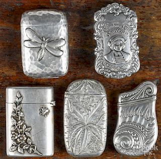 Five silver-plated and nickel silver match vesta safes, ca. 1900, one a Columbian Fair Souvenir 1892