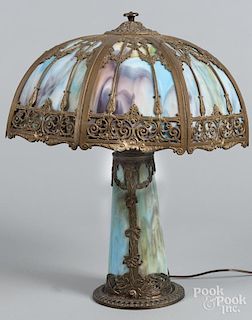 Gilt metal and slag glass table lamp, early 20th c., 24'' h., 19'' dia.