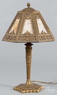 Gilt metal and slag glass table lamp, early 20th c., 23'' h.