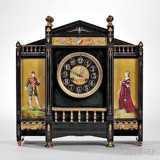 Belgian Black Slate and Porcelain Panel Petite Sonnerie Mantel Clock