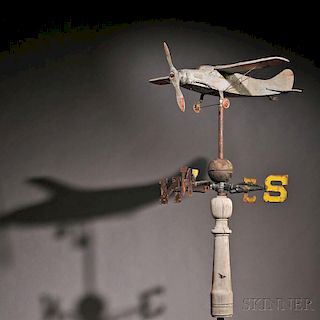 Carved and Painted Wooden Airplane Weathervane on Stand