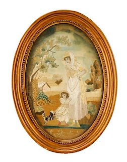 English Silk Embroidery, Woman & Child with Dog