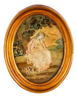 English Silk Embroidered, Seated Woman with Dog