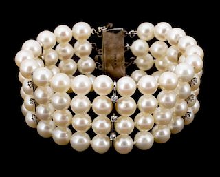 Cultured Pearl, Ruby, Diamond & Sterling Bracelet