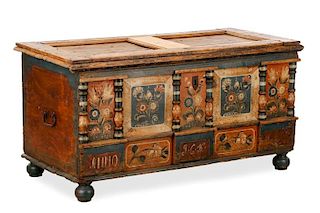 Polychrome Decorated Pine Chest, Late 18th C.