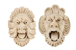 Two Cast Stone Bacchic Mask Wall Fountains