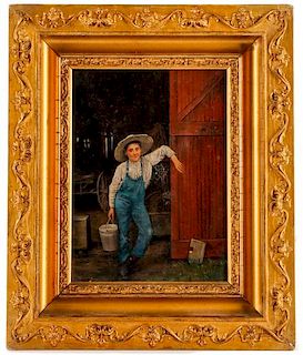 Farm Boy at Barn Door, Oil on Canvas, 19th C.