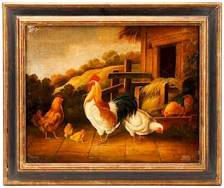 American School, Rooster Oil on Canvas, Unsigned