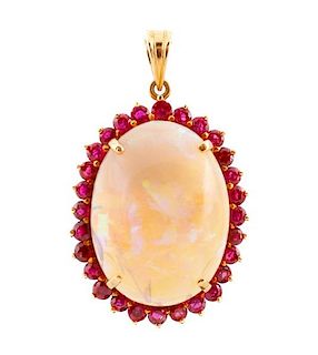 14k Gold, White Jelly Opal & Ruby Necklace Pendant