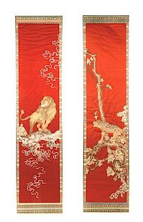 Pair, Framed Chinese Red Silk Embroidery Textiles