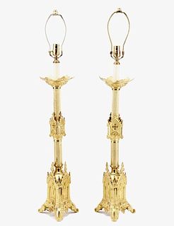 Pair, Brass Gothic Style Altar Pricket Table Lamps
