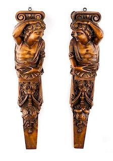 Pair of Carved Wood Hanging Figural Pilasters