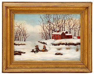 American School, Children with Sled, Oil on Canvas