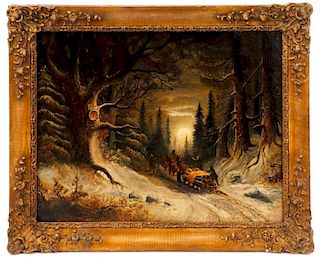 Winter Logging Scene at Twilight, Oil, 19th C.