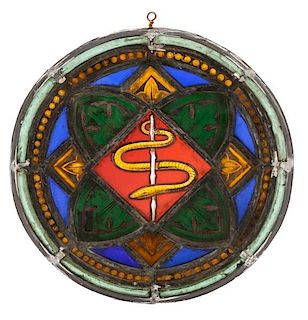 19th C. Stained Glass Roundel, Rod of Asclepius
