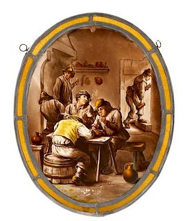 19th C. Swiss Stained Glass Oval, Tavern Scene
