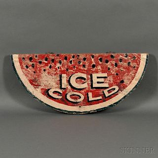 Polychrome Painted "ICE COLD" Watermelon-form Sign