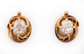 Pair of 19th C 18k Gold, Diamond & Enamel Earrings