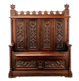 French Gothic Revival Carved Oak Hall Bench