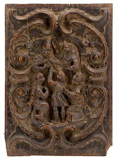 English Renaissance Oak Relief Panel, Disputation