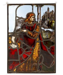 16th C. Stained Glass Panel, Man Before a Castle