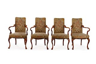 Set of 4 Queen Anne Walnut Wood Open Armchairs