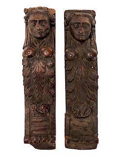 Pair, 17th C. German Carved Wood Figural Pilasters