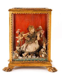 19th C. Italian Diorama, Girl in Garden with Lute
