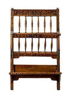 Spanish 19th C. Carved Pine & Brass Wall Rack