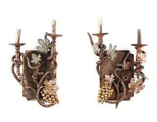 Pair of Patinated Iron Wall Sconces w/Grape Motif
