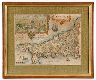 1637 Hand Colored Map of Cornwall, William Kip