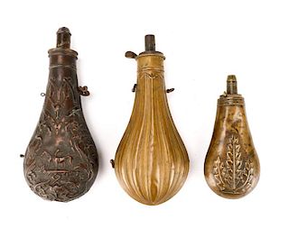 Group Of 3 Copper And Brass Powder Flasks