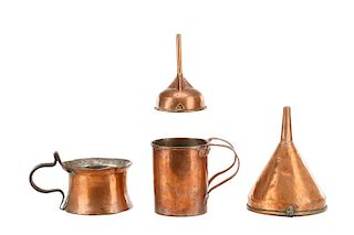 4 Piece Group of Antique Copper: Pots & Funnels