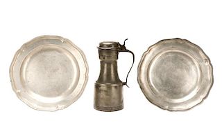 Group of 18th C. Pewter: 2 Chargers, 1 Tappit-Hen