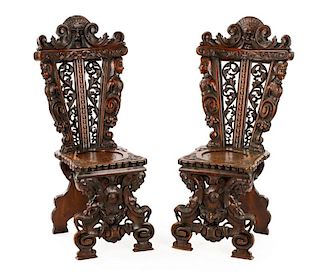 Pair of Baroque Style 'Sgabello' Hall Chairs, 19th