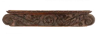 18th C. Carved Oak Cornice, Sun & Lion Scrolls