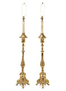Pair of Continental Brass Altar Stick Floor Lamps