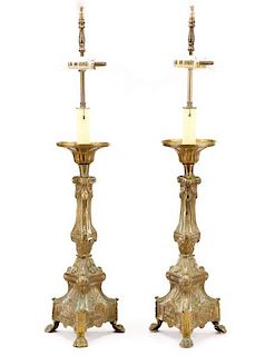 Pair, Late 19th C. Brass Altar Stick Table Lamps