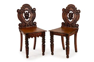 19th C. Stained Oak Hall Chairs w/ Grotesque Masks