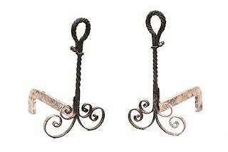 Pair of Wrought Black Iron Andirons, 19th C.