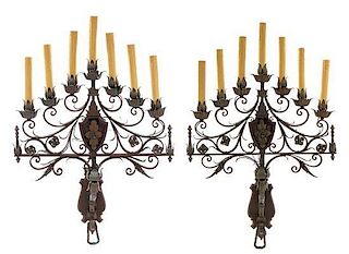 * A Pair of Wrought Iron Seven-Light Sconces Height 34 x width 31 inches.