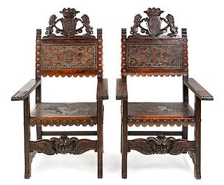 * A Pair of Italian Baroque Style Carved Walnut Armchairs Height 54 inches.