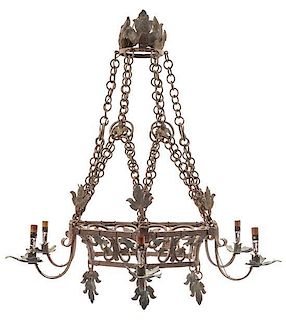 * A Baroque Style Wrought Iron Six-Light Chandelier Height 51 inches.