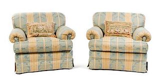 * A Pair of Upholstered Armchairs Height 35 x width 39 x depth 36 inches.