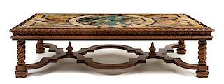 * A Louis XIII Style Walnut and Marble Low Table Height 18 x width 72 x depth 40 inches.