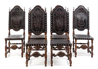 * A Set of Six Spanish Baroque Style Walnut Dining Chairs Height 48 1/4 inches.